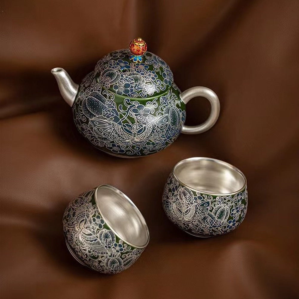 蝶戀花翡翠綠掐絲銀 一壺兩杯禮盒 - 細節圖｜BRAVOMART