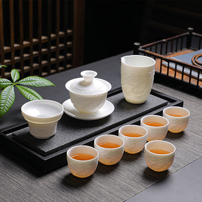 龍鳳呈祥羊脂玉瓷品茗茶具禮盒