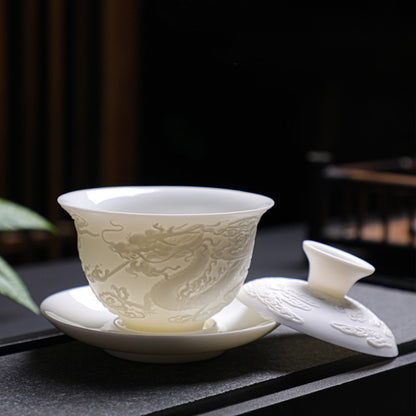 龍鳳呈祥羊脂玉瓷品茗茶具禮盒