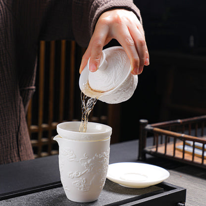 龍鳳呈祥羊脂玉瓷品茗茶具禮盒