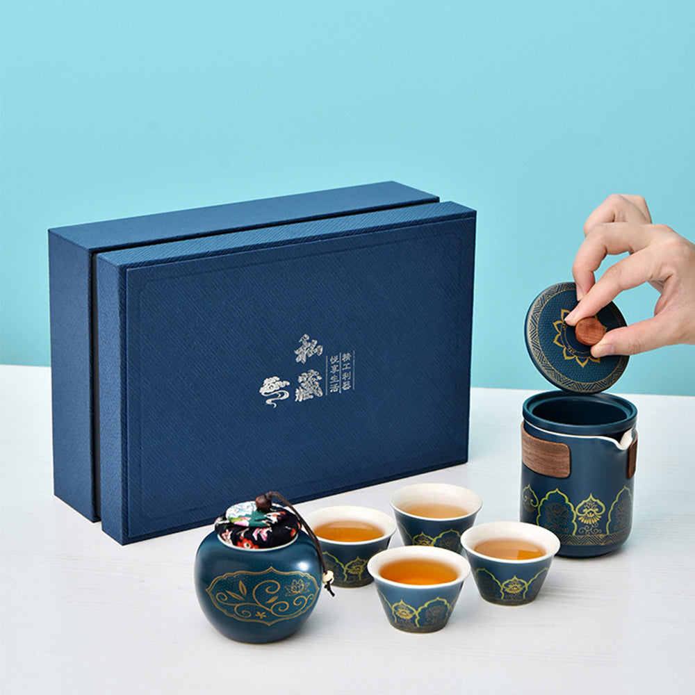 紫砂鎏金茶具套裝 一壺四杯禮品組 - 側面圖｜BRAVOMART