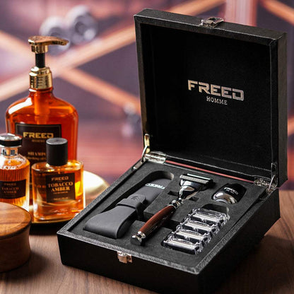 FREED輕奢刮鬍禮盒，展現尊爵四件組，客製化刻字。