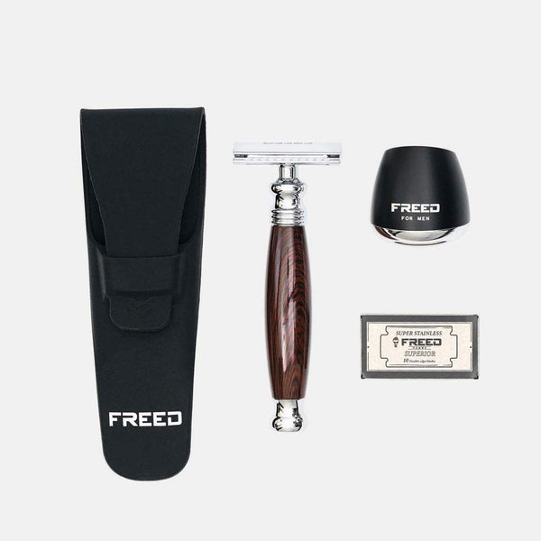 仿紫紅檀木雙刃刮鬍刀，尊爵四件組。FREED 客製化刻字。