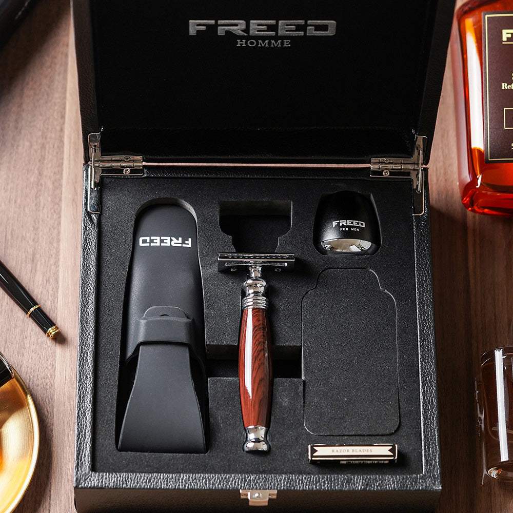 仿紫紅檀木刮鬍刀禮盒，尊爵紳士品味，FREED 客製化刻字。