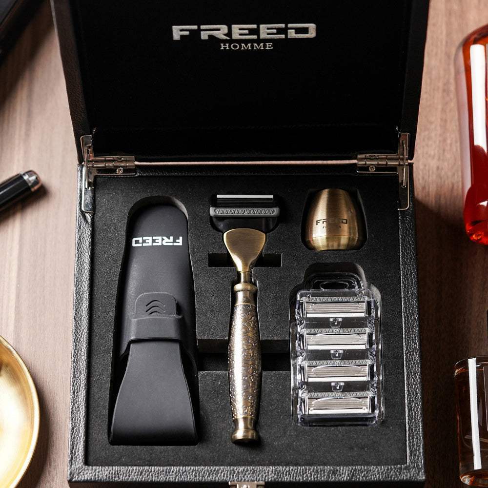 仿古銅刮鬍刀禮盒，尊爵四件組，FREED客製化刻字