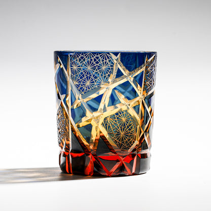 日式江戶切子 星芒網紋手工切割威士忌杯 - 藍色 - 刻字展示｜BRAVOMART