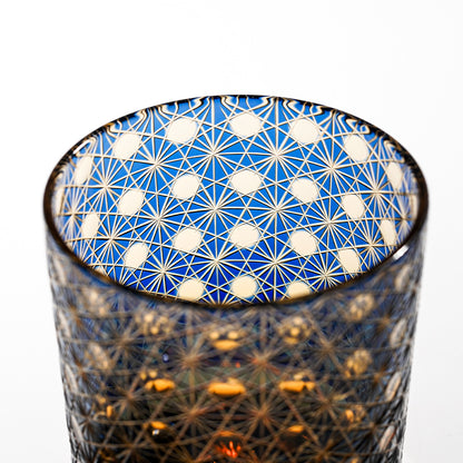 日式江戶切子 琥珀綾光手工切割威士忌杯 -藍色 - 刻字展示｜BRAVOMART