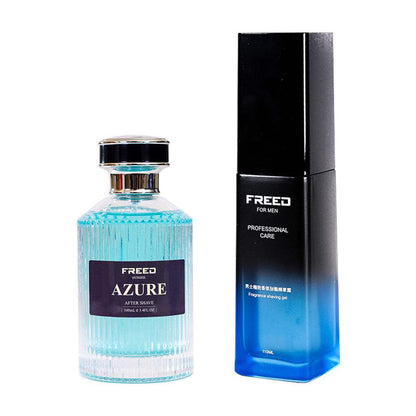 玻璃瓶身藍色液體，搭配黑藍漸層瓶身，FREED 客製化刻字。