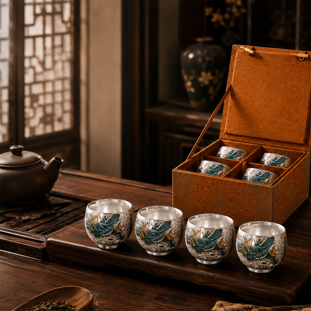 青龍鎏銀茶盞 - 4入組