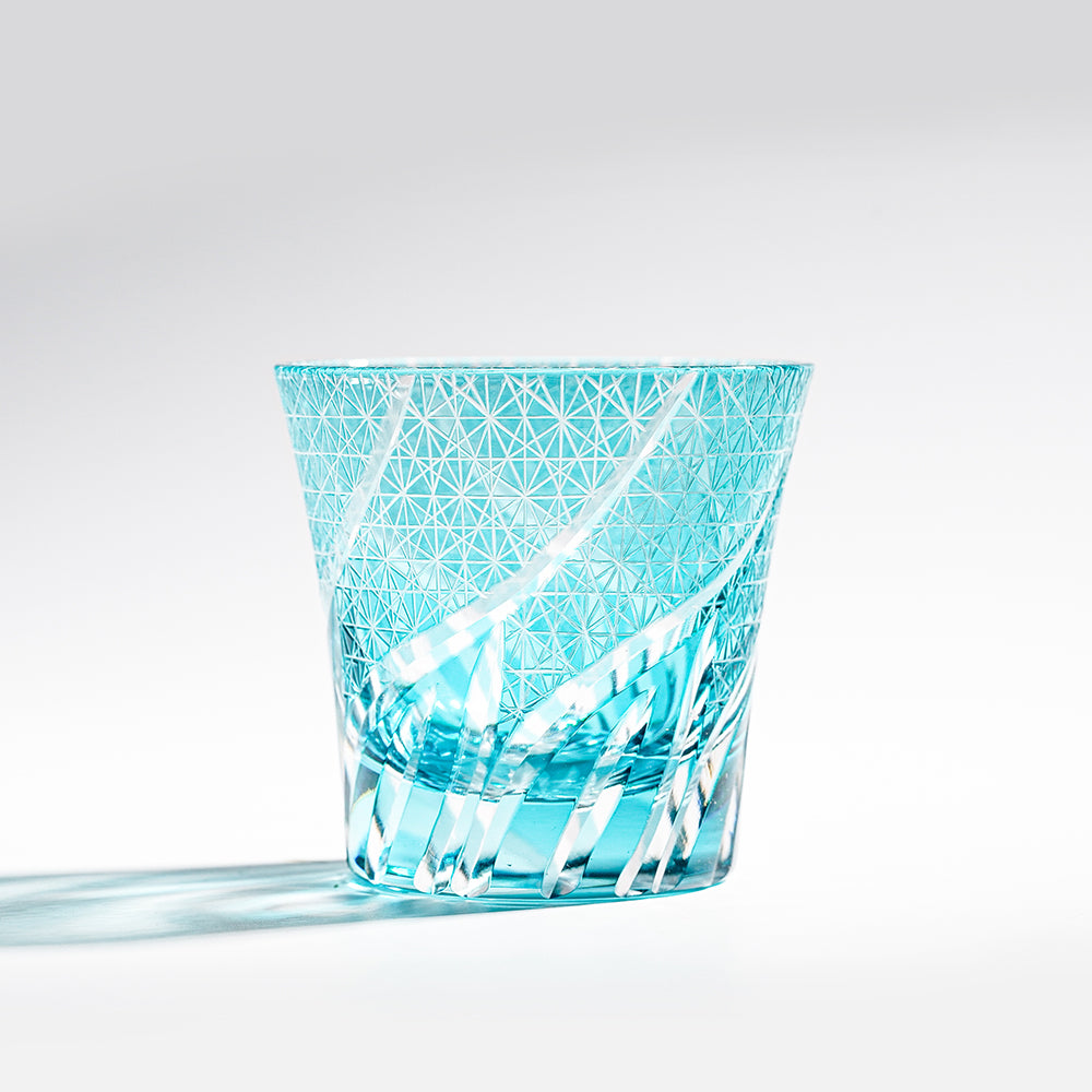 日式江戶切子 流光風紋手工切割威士忌杯 - 天藍 - 刻字展示｜BRAVOMART