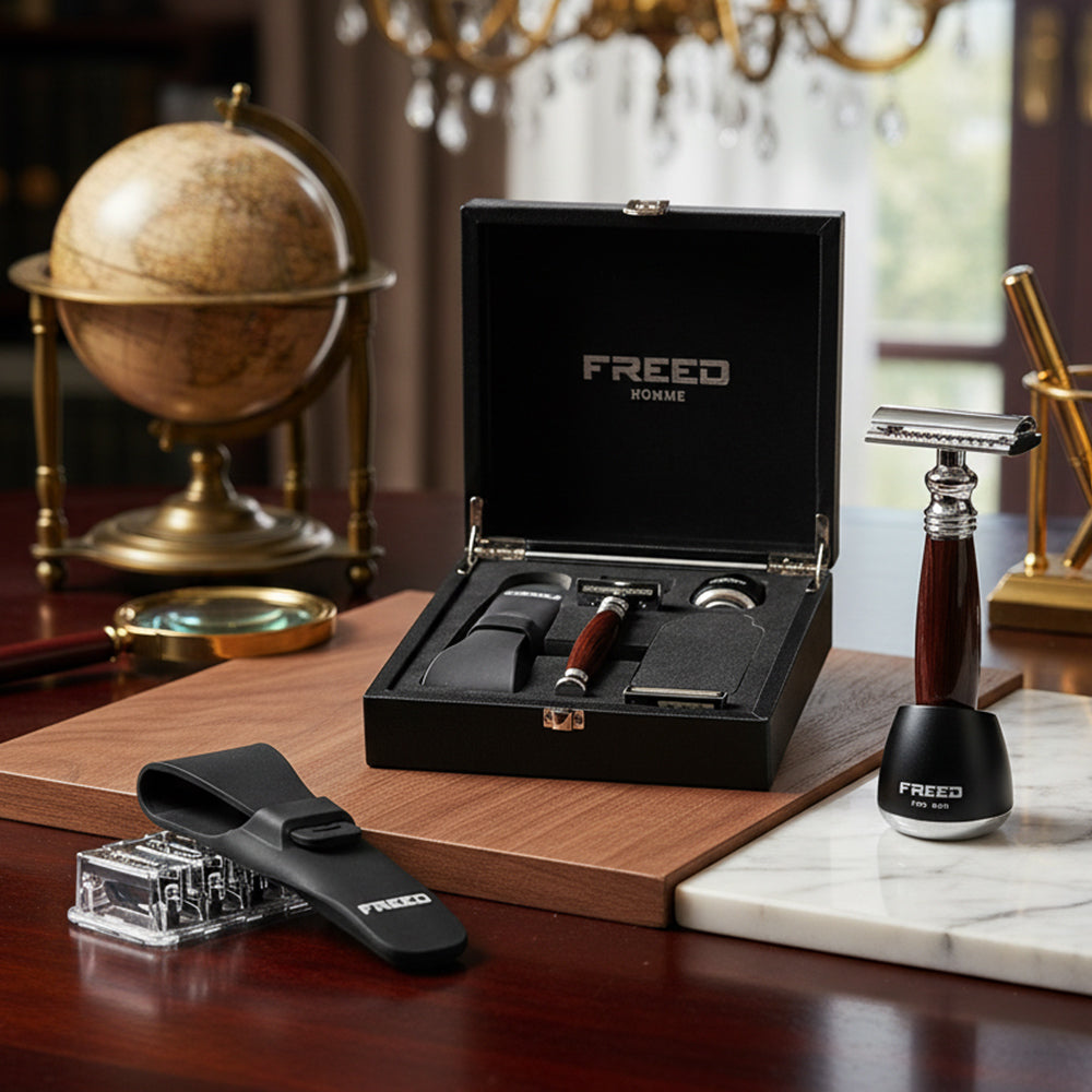 【FREED】尊爵四件組雙刃安全刮鬍刀禮盒 - 仿紫紅檀木 商品情境展示