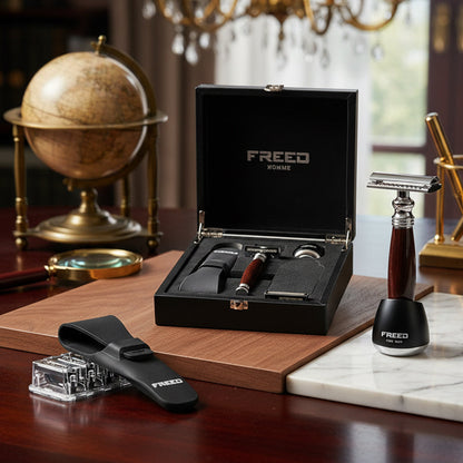 【FREED】尊爵四件組雙刃安全刮鬍刀禮盒 - 仿紫紅檀木 商品情境展示