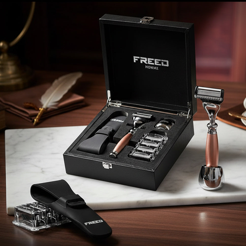 FREED 【兩週年特仕款】尊爵四件組刮鬍刀禮盒 - 玫瑰金 包裝展示