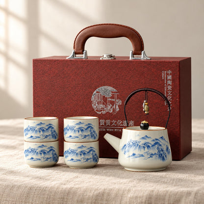 汝窯提樑壺一壺四杯禮盒組 青山一壺四杯-燙銀禮盒