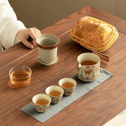 仿宋蝶紋一壺三杯旅行茶具組 仿宋汝窯-停雲快客蝴蝶一壺三杯